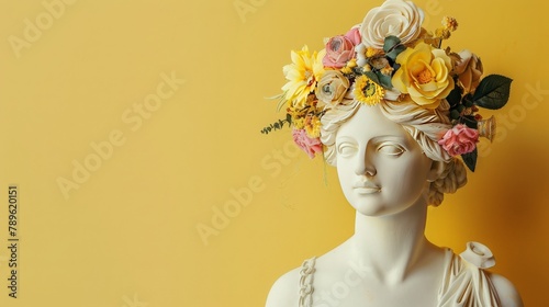 Plaster antique statue of greek goddess with decoration from colored natural flowers on her head, on a sand yellow background with copy space.
