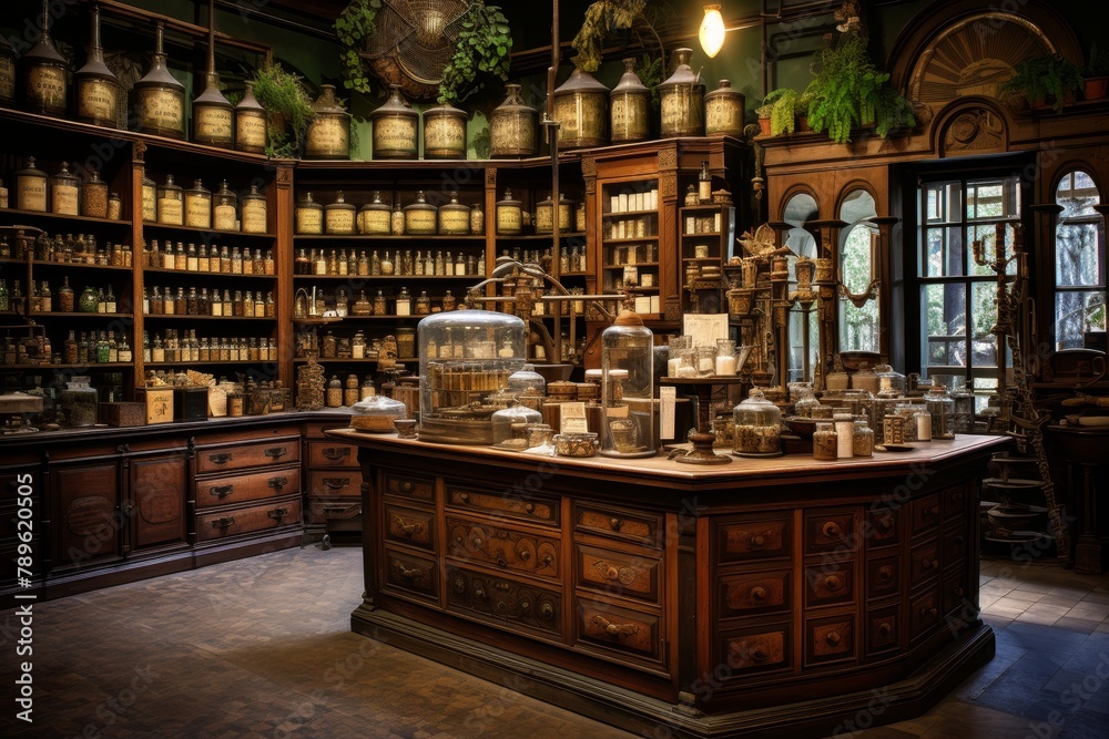 A Detailed Representation of an Old-World Apothecary Shop, Complete with Antique Medicine Bottles, Wooden Counters, and a Vintage Cash Register