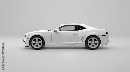 A sleek and stylish white sports car is shown in profile on a white background. The car has a low profile, a long hood, and a short trunk. © AiStock