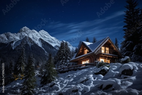 A Tranquil Winter Evening at a Rustic Alpine Ski Chalet Nestled Amidst Snow-Covered Pine Trees Under a Starry Sky © aicandy