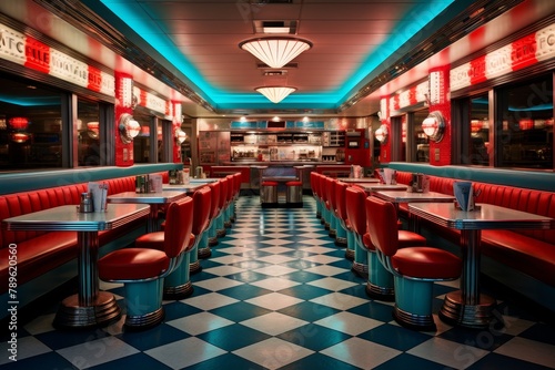 A Nostalgic Journey Back in Time: A Detailed Representation of a Classic 1950s American Diner Interior with Neon Lights and Vintage Decor