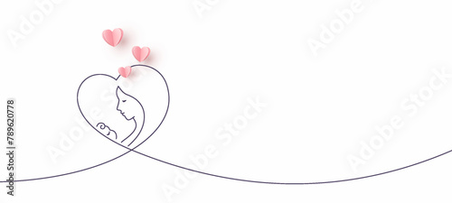 Mother with baby continuous one line contour. Mom hugs child in heart shape. Motherhood and newborn silhouette concept. Vector woman holds kid. Happy Mother`s Day card