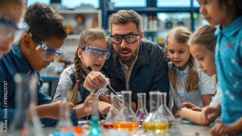 A fun event is taking place in a lab where a group of children are conducting a science experiment, using tableware, drinkware, bottles, and sharing non-alcoholic beverages. AIG41