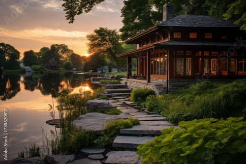 A Tranquil Lakehouse Retreat Nestled Amongst Lush Greenery, Reflecting Serenely on the Crystal Clear Lake Under the Soft Glow of a Setting Sun photo