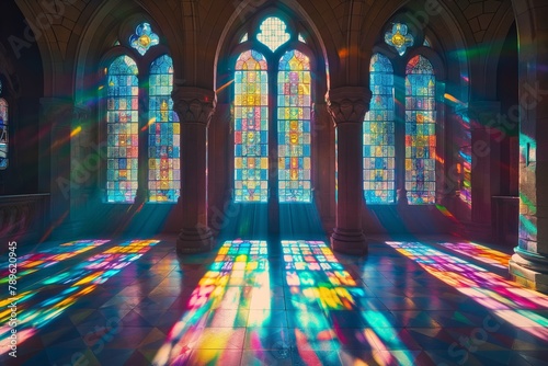 The arched window in the church is made of multicolored mosaics, sunlight penetrates through it, creating multidimensional colorful lighting, beauty in simplicity is divinely beautiful