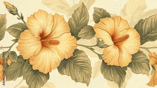 Vintage wallpaper design with exotic hibiscus flowers and broad tropical leaves