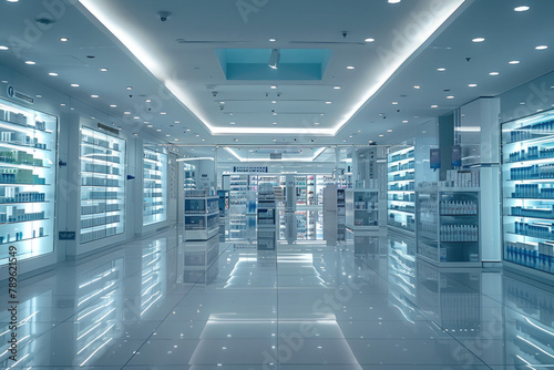 Interior of empty modern pharmacy, Pharmacy shop blue background