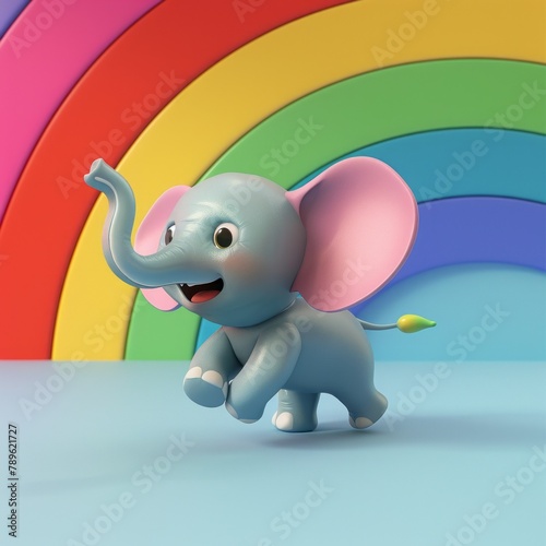 elephant cartoon character on a rainbow background.