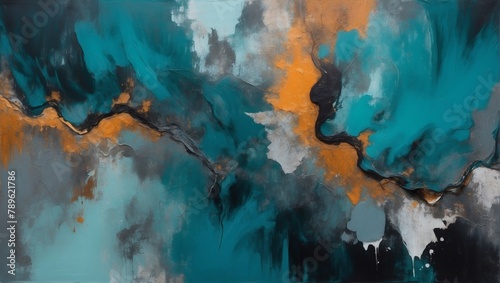 Moody abstract painted background in dusky teal, pewter, and dark amber. photo