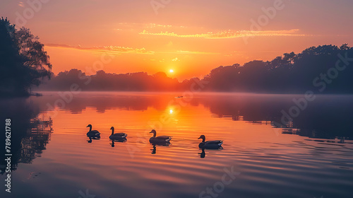 A tranquil lake shrouded in morning mist, illuminated by the first light of dawn, adorned with graceful ducks gliding through the serene waters