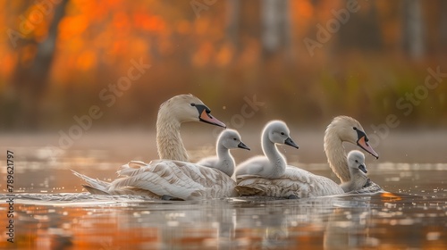 Swans, ducks, and geese with beaks swimming in lakes fluid
