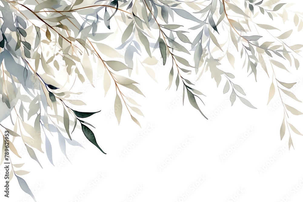 Obraz premium A minimalist sketch of willow branches swaying in a gentle breeze, flowing lines and soft greens, vivid watercolor, white background, 100% isolate