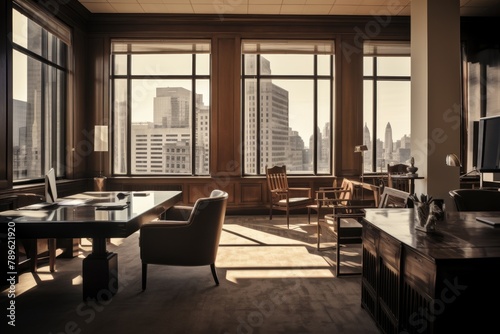 Vintage Sepia-Toned Photograph of a Spacious Office with Neutral Tones, Classic Furniture, and Large Windows Overlooking the City