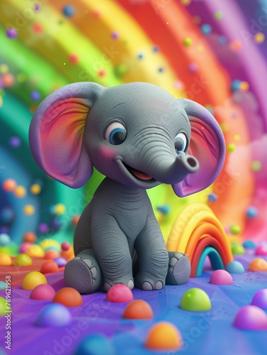elephant cartoon character on a rainbow background.