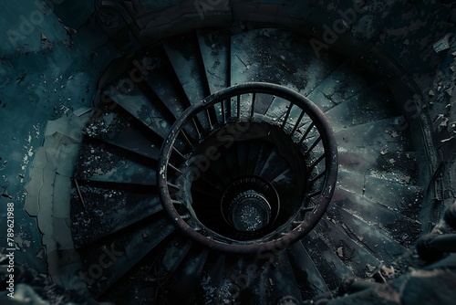   Spiral staircase ascending into darkness