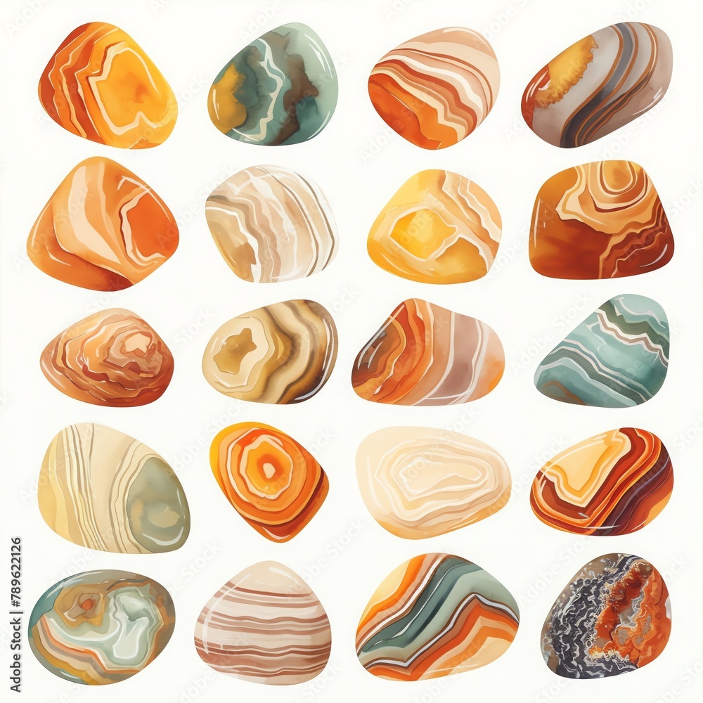A playful depiction of a collection of Tumbled Agates, each with distinct bands and colors, a spectrum of earth tones, white background, vivid watercolor, 100 isolate A playful depiction of a collection of Tumbled Agates, each with distinct bands and colors, a spectrum of earth tones, white background, vivid watercolor, 100 isolate