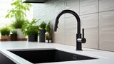 Contemporary elegance displayed through a black faucet with a white sink and a decorative green plant, rendered close-up in a realistic, high-resolution kitchen setting