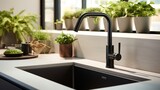 Contemporary elegance displayed through a black faucet with a white sink and a decorative green plant, rendered close-up in a realistic, high-resolution kitchen setting