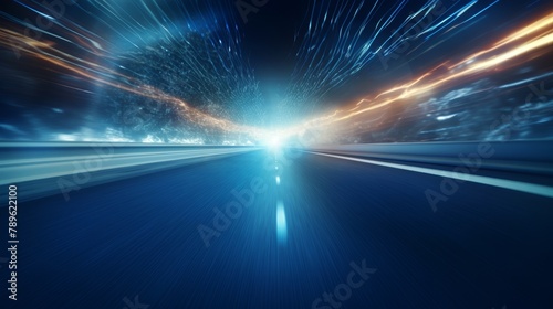 High-definition close-up of car headlights speeding over a tech-enhanced road, their light mingling with digital code to showcase rapid acceleration photo