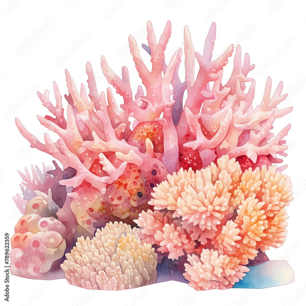 A rustic illustration of Montipora Coral, encrusting forms with textured surfaces, pastel pinks and reef complexities, white background, vivid watercolor, 100 isolate