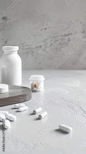 a white table adorned with medicine pills and vials, creating a sleek mockup against a subdued grey background.