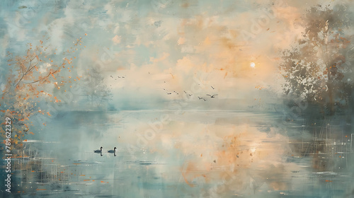 A painted lake shrouded in morning mist, bathed in the first light of dawn, inhabited by ducks