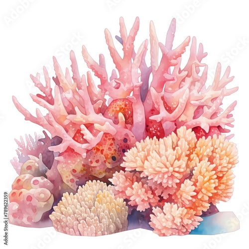 A rustic illustration of Montipora Coral  encrusting forms with textured surfaces  pastel pinks and reef complexities  white background  vivid watercolor  100 isolate