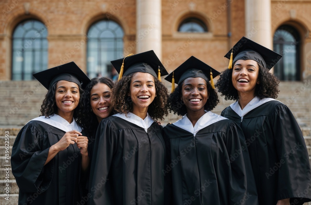 Five young African American women wearing graduation gowns and caps, smiling on university steps with a blurred campus background, illustrating diversity and achievement in higher education