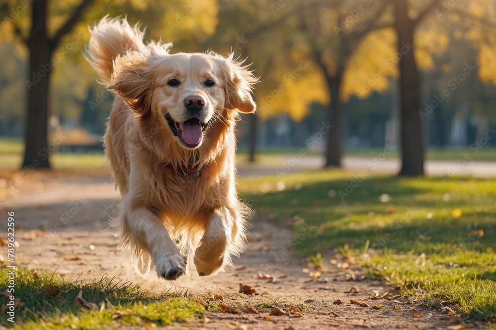 A beautiful Golden Retriever is running in the park on a sunny day. The dog has a happy expression on its face and is running with its tongue out. The background is a blur of trees and grass
