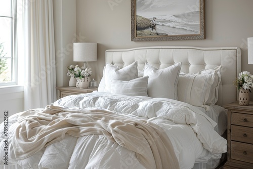 A serene bedroom adorned with white linens and furniture. Interior background, house model
