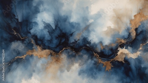 Moody abstract painted background in midnight denim, smoky shale, and sepia tones. photo