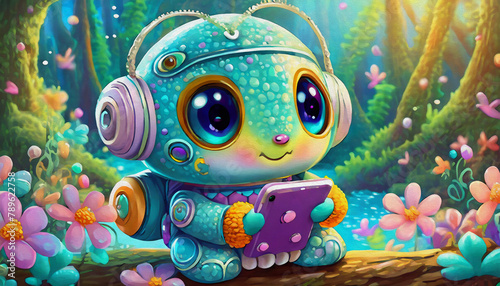 oil painting style CARTOON CHARACTER CUTE BABY robot hold a cell phone with flames