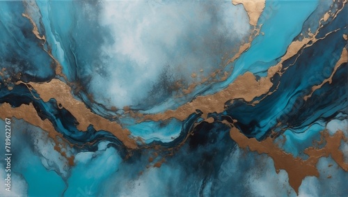 Moody abstract painted background in misty cerulean, granite, and aged bronze.