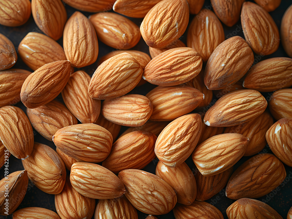 Close-up of almonds. Macro shot with natural pattern and texture. Healthy food concept for design and print. Nutrition and dietary theme Close-up of almonds. Macro shot with natural pattern and texture. Healthy food concept for design and print. Nutrition and dietary theme