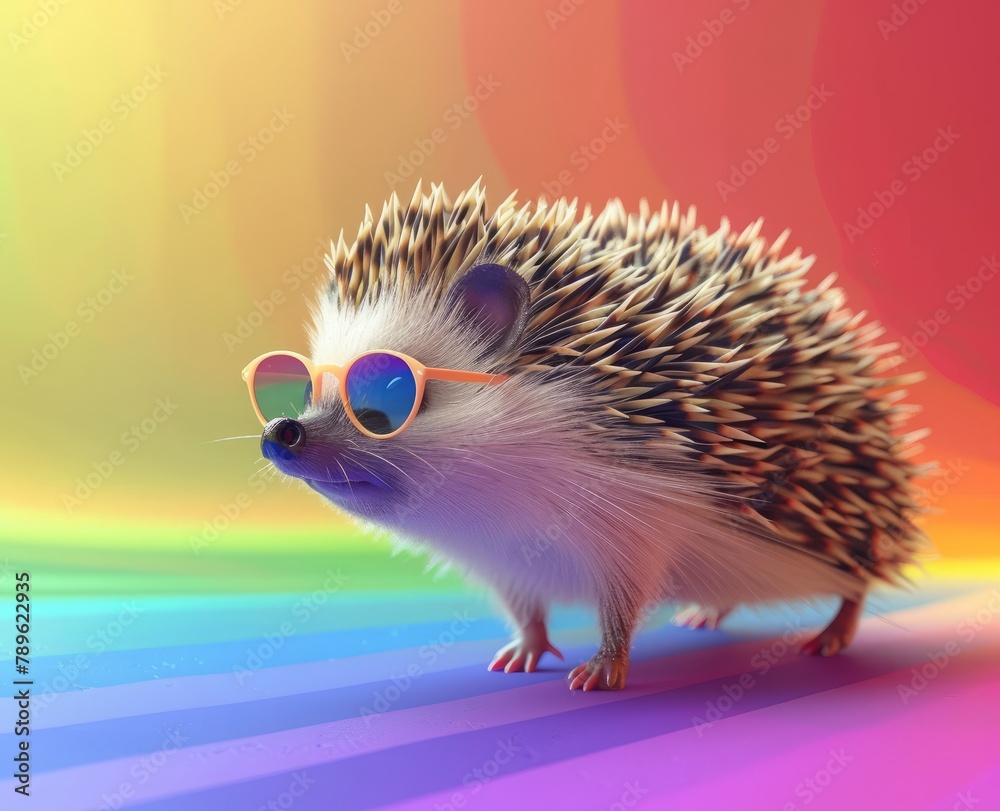 3d cartoon hedgehog on a rainbow background. 3d cartoon hedgehog on a rainbow background.