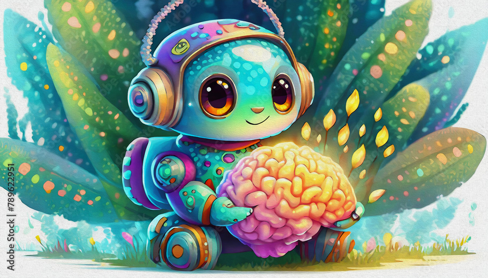 Fototapeta premium oil painting style CARTOON CHARACTER CUTE BABY robot hold a human brain with flames