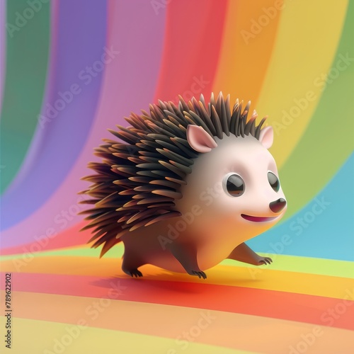 3d cartoon hedgehog on a rainbow background.