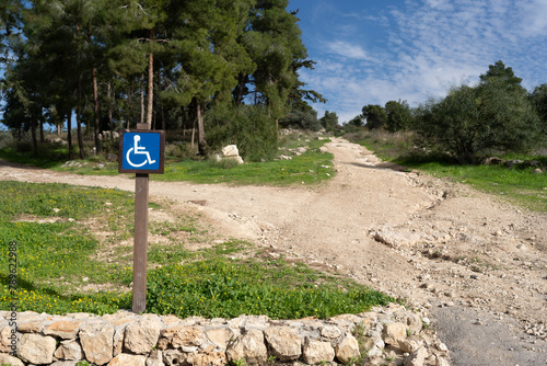 Sign Depicting Wheelchair Travel, Parking, and Toilet Directions. photo