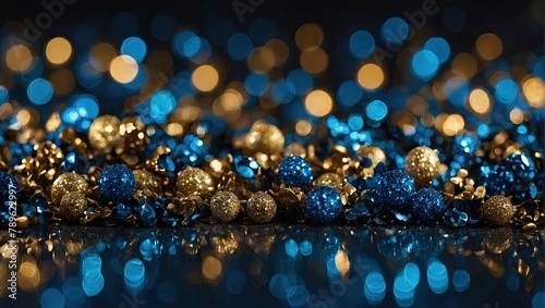 Background of abstract glitter lights. blue, gold and black