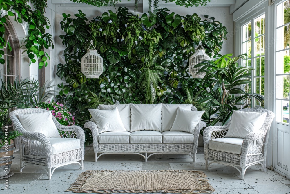 A tranquil garden room with white wicker furniture and lush greenery for peaceful retreat, peaceful and natural relaxation space. Interior design for modern house A tranquil garden room with white wicker furniture and lush greenery for peaceful retreat, peaceful and natural relaxation space. Interior design for modern house