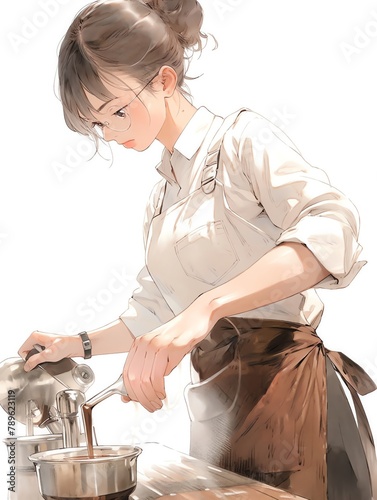 A scratched drawing of a barista crafting coffee art,, coffee browns and cream, very light watercolor, white background photo