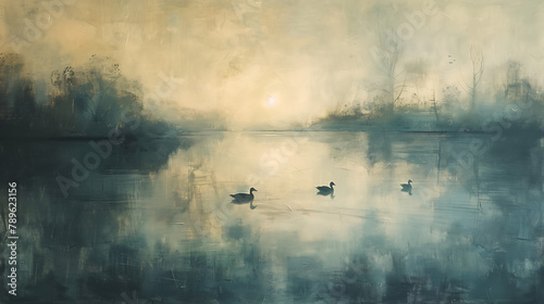 A painted lake shrouded in morning mist, bathed in the first light of dawn, accompanied by ducks