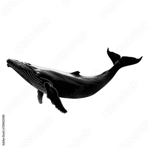 A black and white image of a whale swimming in the ocean