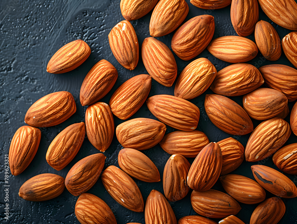 Scattered almonds on a dark slate background. Food ingredient and snack concept. Design for packaging, banner. Close-up with copy space Scattered almonds on a dark slate background. Food ingredient and snack concept. Design for packaging, banner. Close-up with copy space