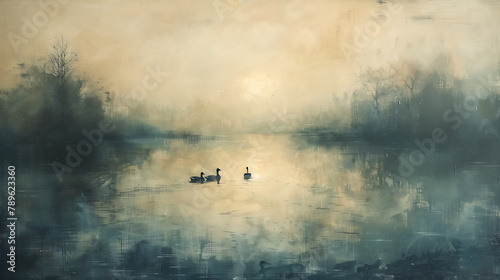 Scenic lake in morning mist, bathed in soft dawn glow, featuring serene ducks, hand-painted landscape capturing tranquil nature awakening