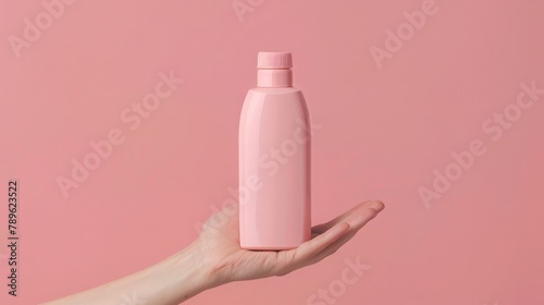 Woman s hand holding a blank pink shampoo bottle with no label