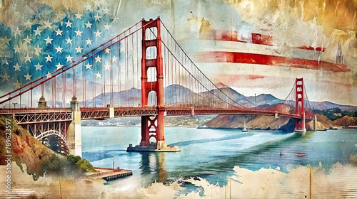 Golden Gate Bridge, Usa. double exposure contemporary style minimalist artwork collage illustration. Ai generative.