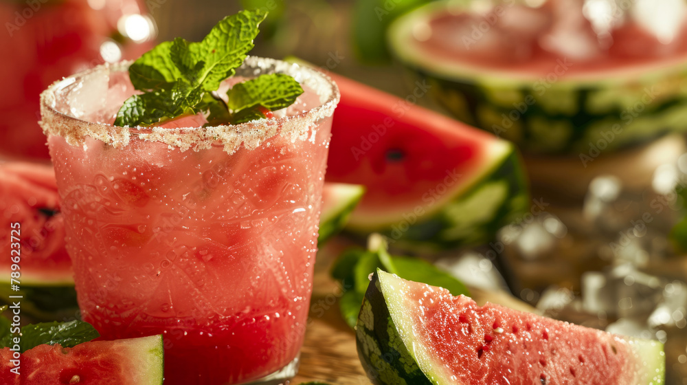 Watermelon cocktail with fresh mint on a wooden table Watermelon cocktail with fresh mint on a wooden table