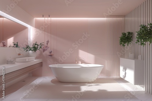 Chic modern bathroom with sunlight filtering through, highlighting the pink tiled walls and elegant freestanding bathtub..