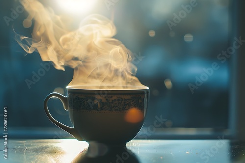 : Steam rising from a cup of hot tea